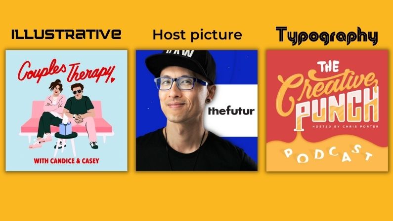 Illustrative podcast art, Host picture podcast cover, Typography Podcast design