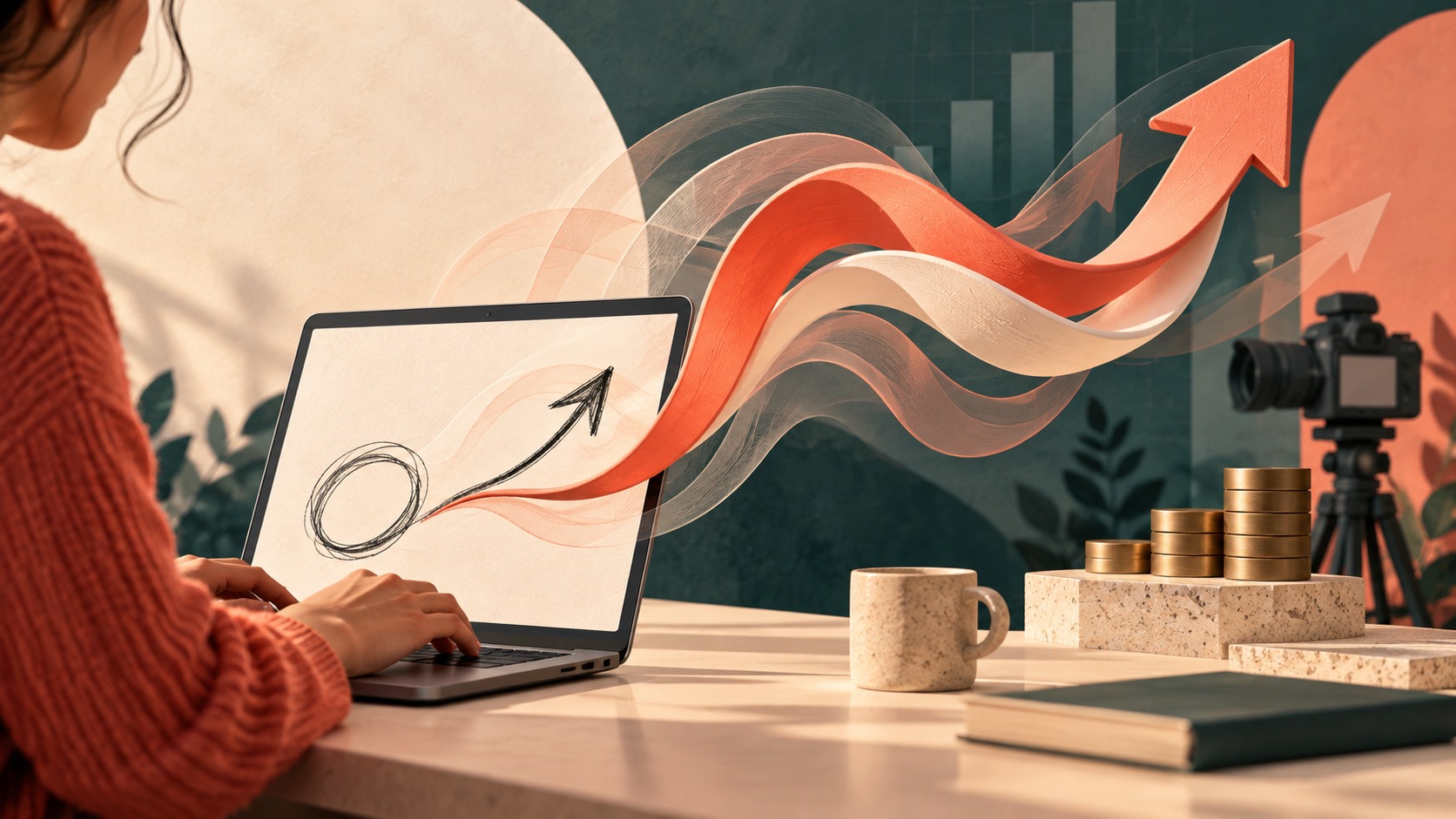 Creator CTRL — Claude Can Animate Your Ideas Illustration of a creator at a laptop with a sketched arrow becoming a flowing coral ribbon, beside a camera and stacked coins.