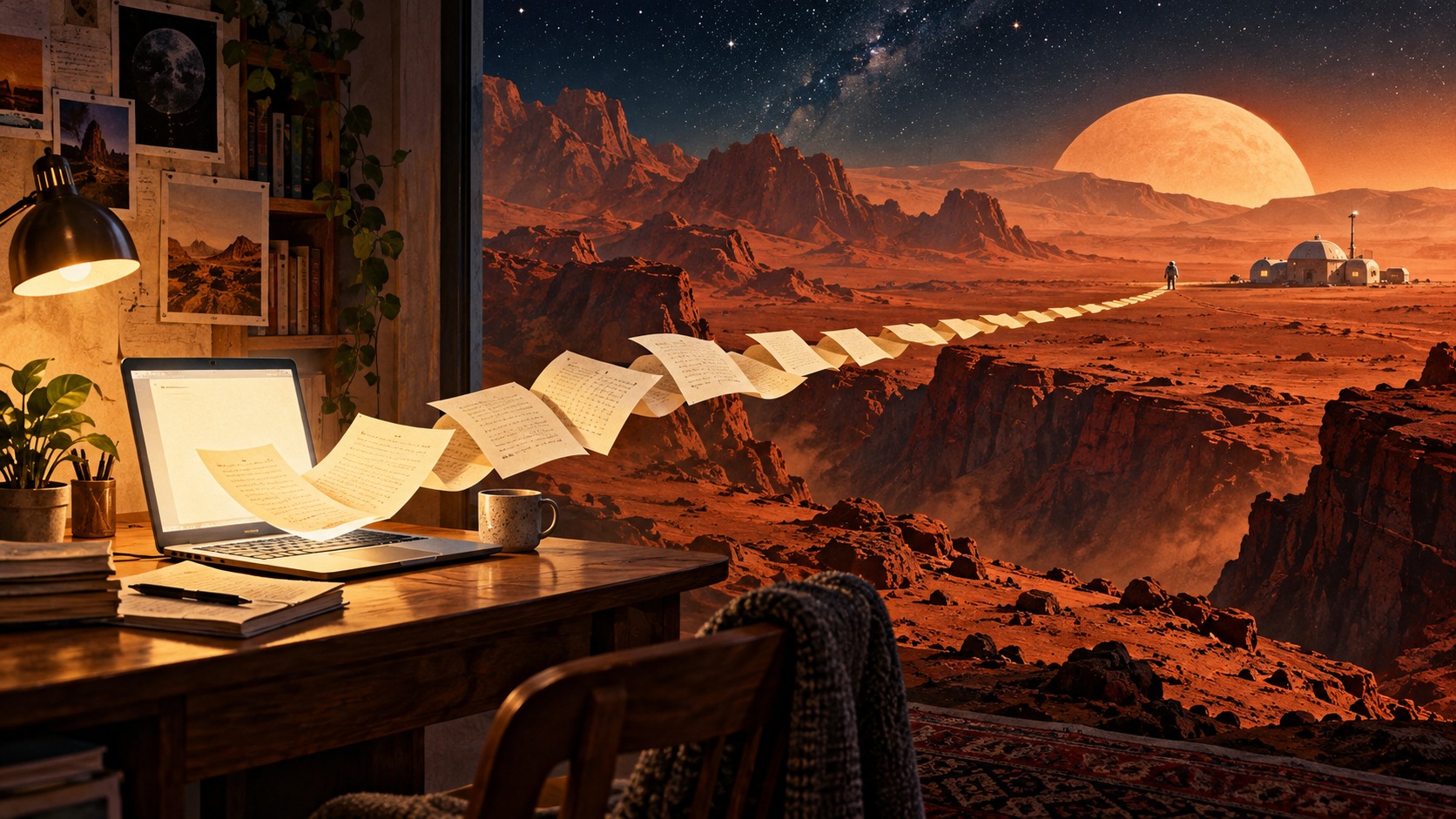 A side project opens a new world Illustration of manuscript pages forming a path from a warmly lit laptop desk into a red planetary landscape with a distant astronaut and habitat.