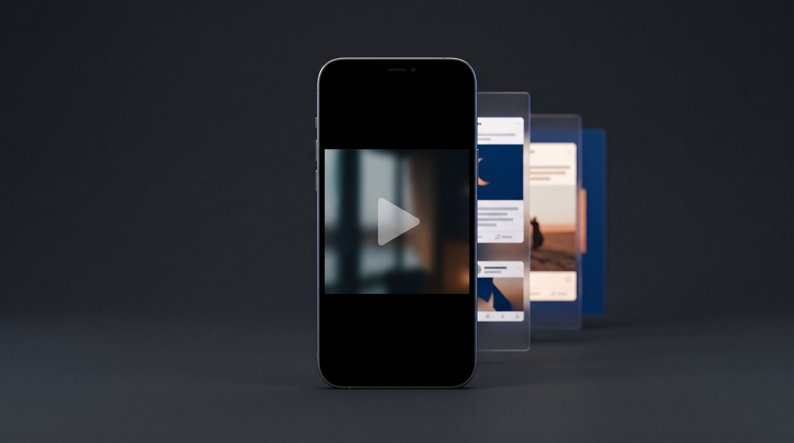 Creator CTRL facebook editorial hero A phone showing a video play button stands in front of layered social feed cards on a dark background.