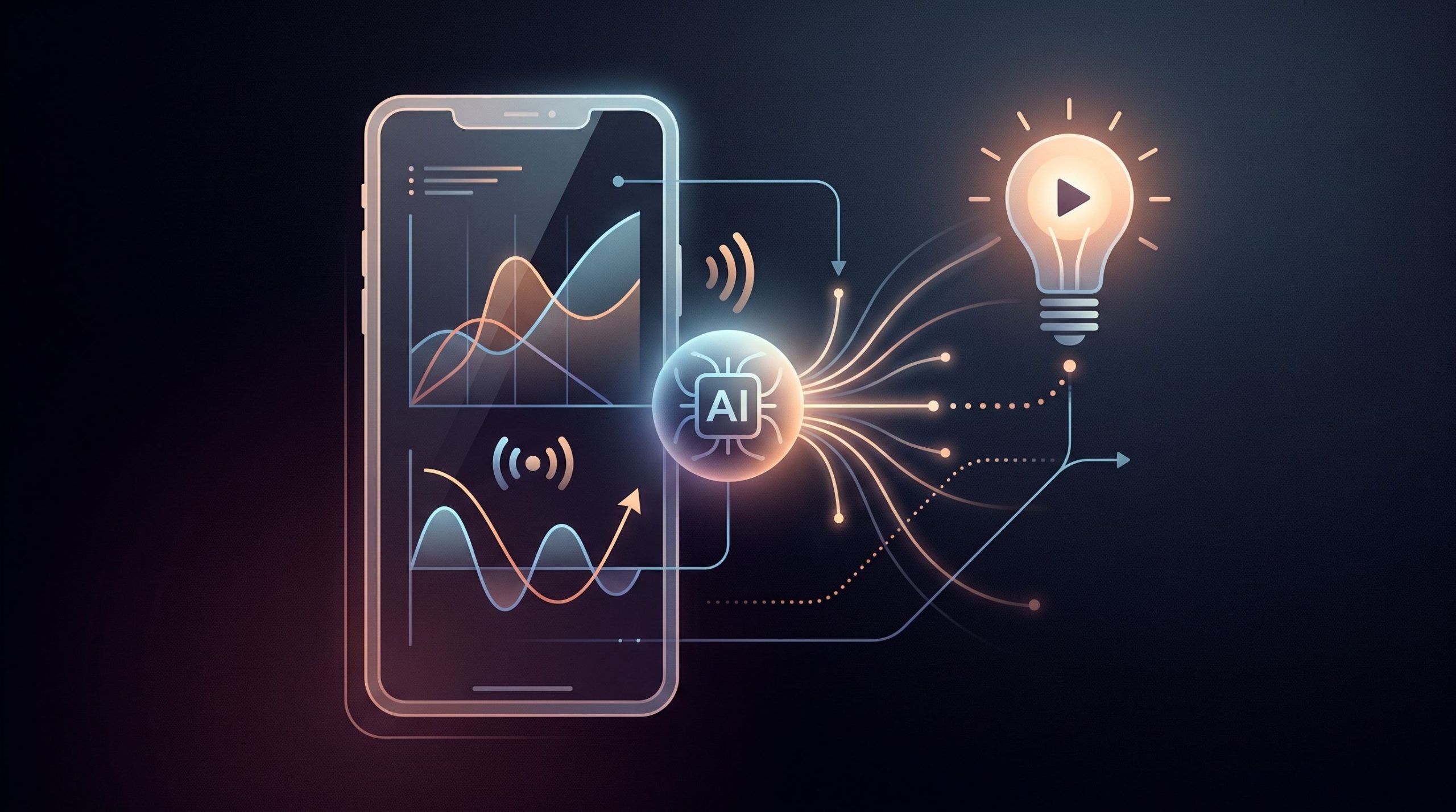 Creator CTRL instagram editorial hero A phone with analytics charts connects through an AI symbol to a glowing lightbulb containing a video play icon.