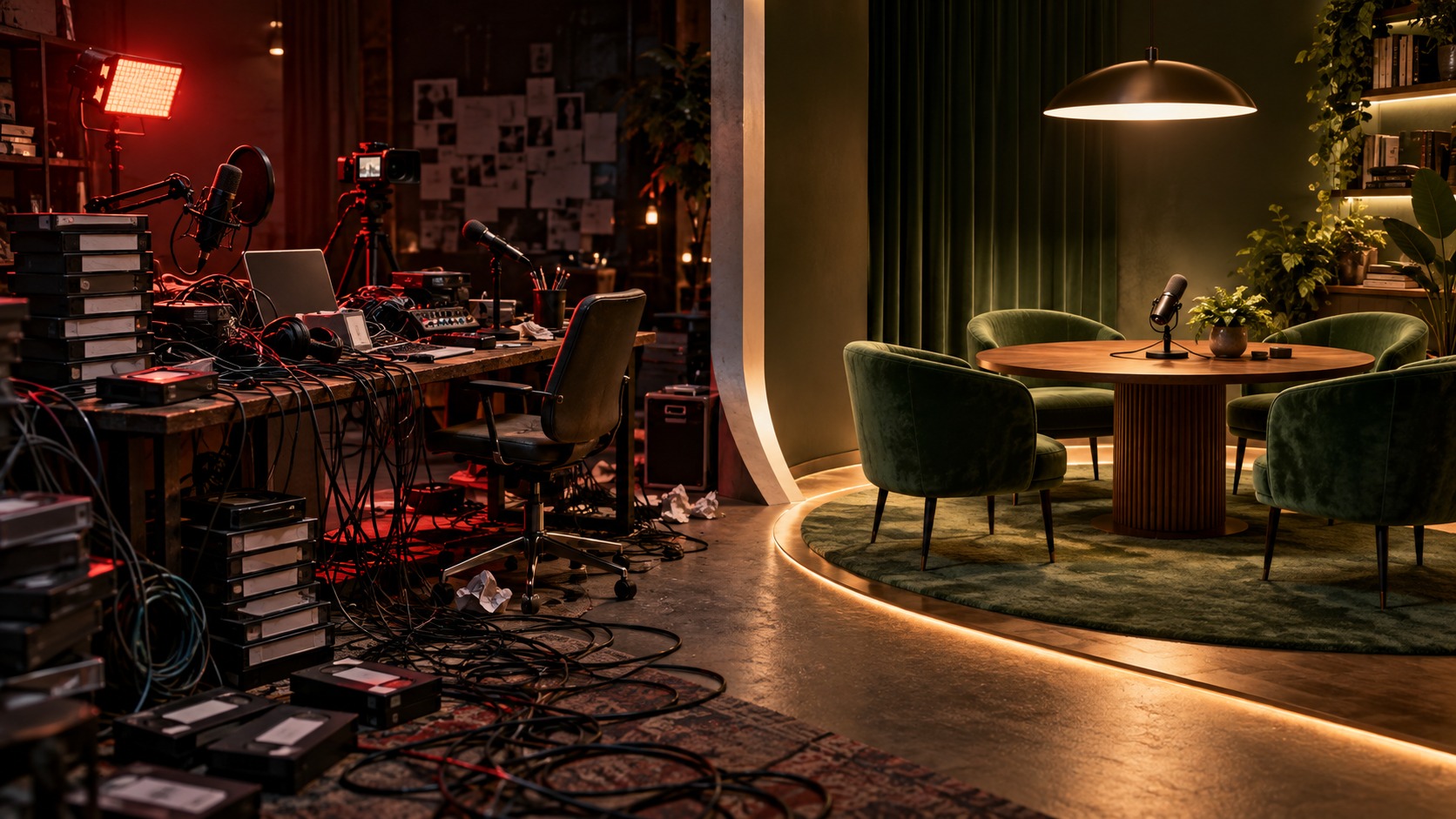 A crowded recording desk lit in red sits beside a warmly lit round table with green chairs and a single microphone.