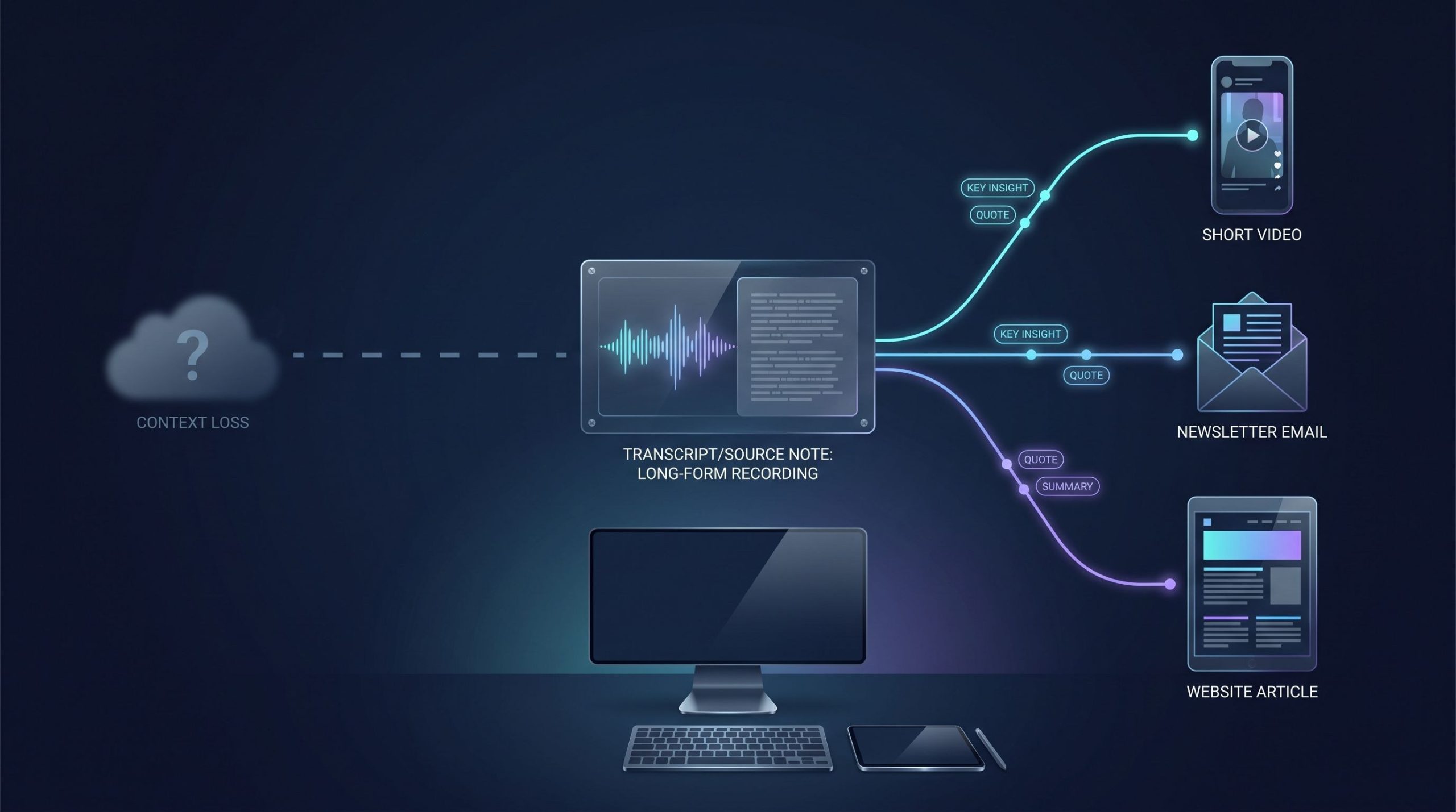 AI content repurposing with source context intact A source recording and transcript branching into a short video, newsletter email, and website article while retaining key insights and quotes.