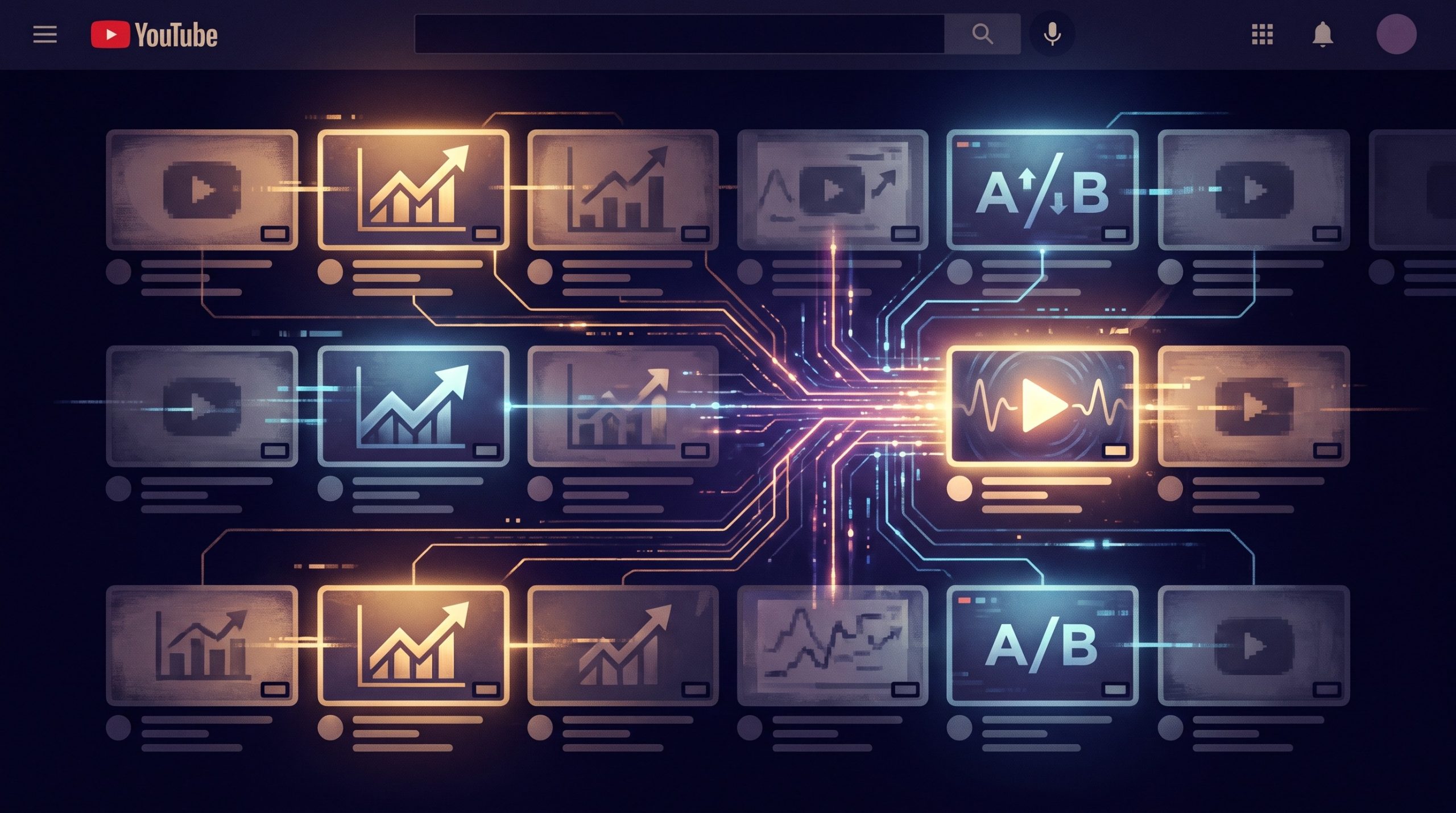 Creator CTRL youtube editorial hero A YouTube-style video library links thumbnail cards, growth charts and A/B tests through glowing blue and gold lines.